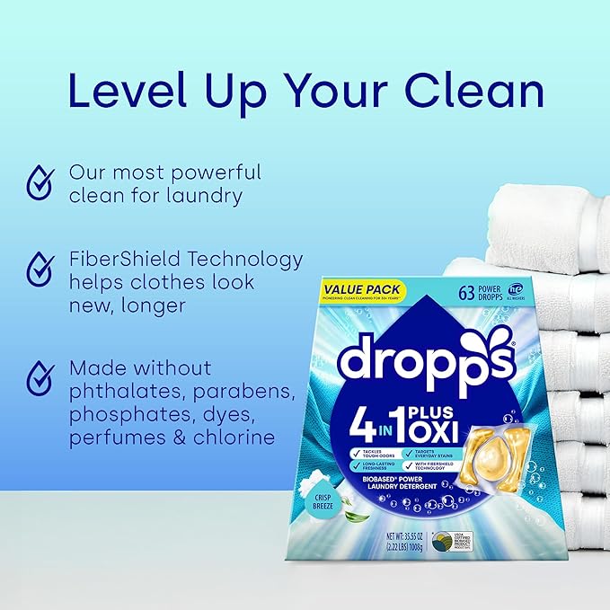 Dropps 4-in-1 Plus Oxi Crisp Breeze Power Biobased Laundry Detergent Pods (63 Pods) - Chlorine-Free Bleach Alternative Biobased Laundry Whitener, Stain & Odor Remover