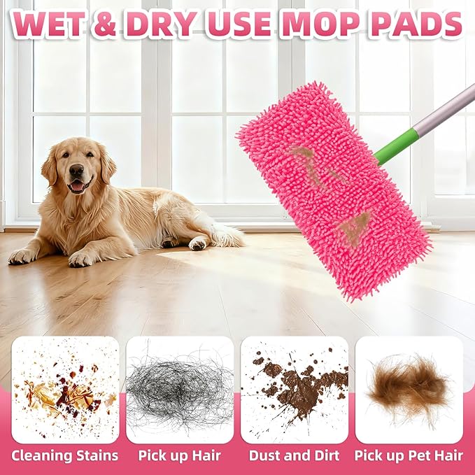 8 Pack Reusable Mop Pads Compatible with Swiffer Sweeper Mop, Wet and Dry Chenille Sweeping Cloths, Washable Pads Refill, Microfiber Pads for Multi-Surface/Hardwood Floor Cleaning (Pink)