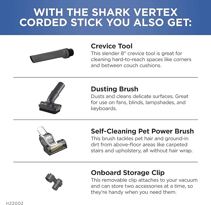 Shark | Corded Stick Vacuum Cleaner | Vertex Ultralight | Removable Handheld Vacuum | Pet Hair Vacuum for Carpet and Hard Floor | Powerful Suction | No Hair Wrap | 3 Attachments Included | HZ2002