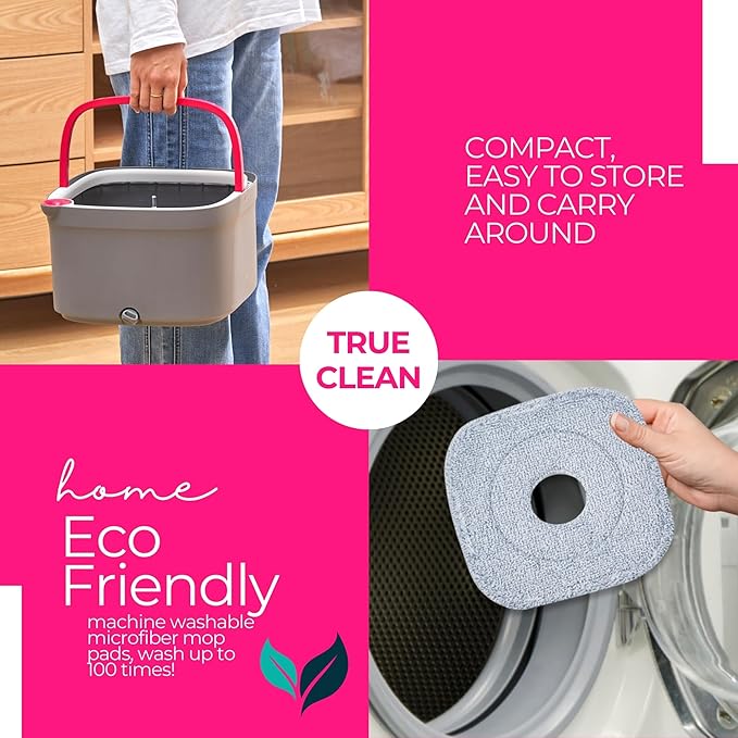 Square Spin Mop & Bucket Smart Floor Mop, Separate Compartments for Clean and Dirty Water, Self Cleaning w/Sweeper Attachment 2025 Upgraded Version w/Side Brush & Self-Standing 360° Rotating Handle