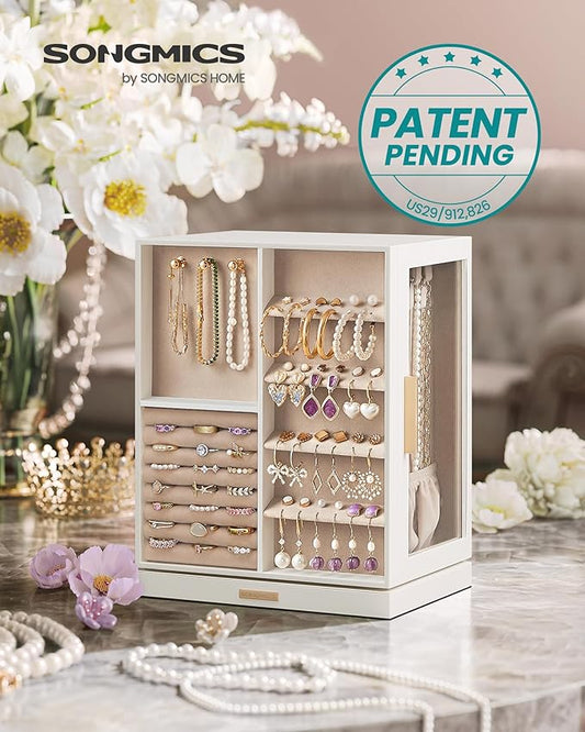 SONGMICS Jewelry Box 360° Rotating, Jewelry Storage Case with 5 Drawers, Jewelry Organizer, Glass Window, Spacious, Vertical Jewelry Storage, Open Design, Great Gift, Cloud White UJBC170W01