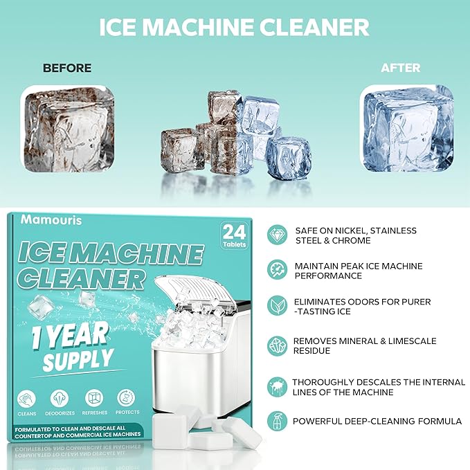 Ice Machine Cleaner Maker Descaler, 24 Pack Cleaner Tablets for Ice Maker, Countertop Nugget Ice Maker Cleaner, Crystal Clear Ice, Compatible with Frigidaire, Opal, GE Profile, Igloo