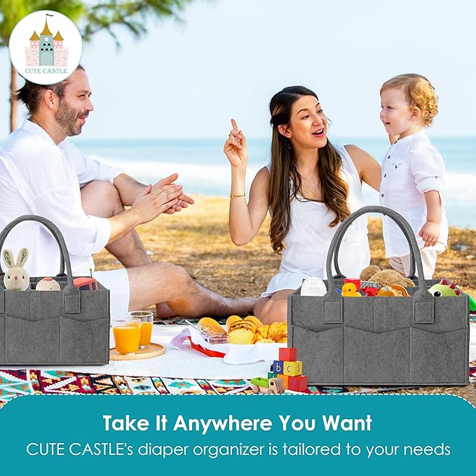 Cute Castle 2 Pack Diaper Caddy Organizer - Portable Baby Caddy Organizer with Handle, Nursery Storage Bin and Car Organizer for Girls, Boys - Baby Gift Basket - Dark Grey