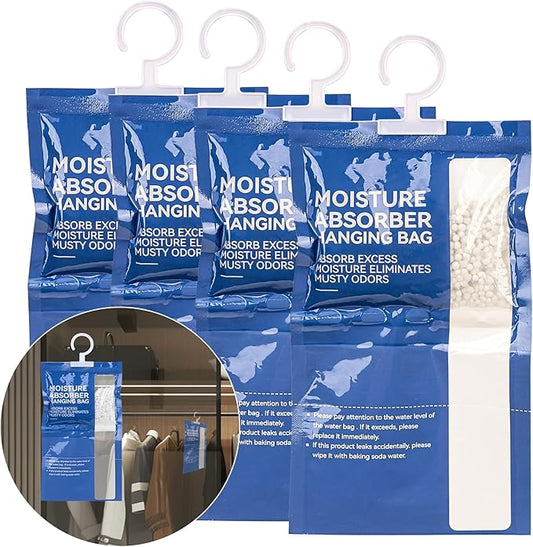 Dehumidifier Bags Hanging Moisture Absorbers - 4 Packs Dehumidifiers for Home Closet Bathroom Basement, Hanging Bag Desiccant Packs for Bedroom RV Camper, Odor Absorber Household Essentials