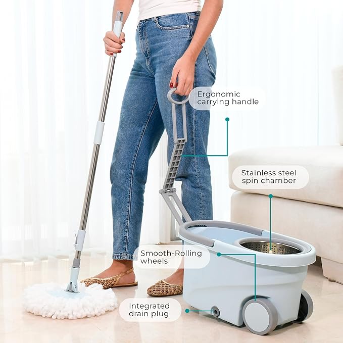 Spin Mop and Bucket with Wheels Wringer 360 Microfiber Mop with Stainless Steel Handle Self Wringing Cleaning System Bucket with Drain for Tile Hardwood Laminate Floors Includes 6 Mop Head Refills