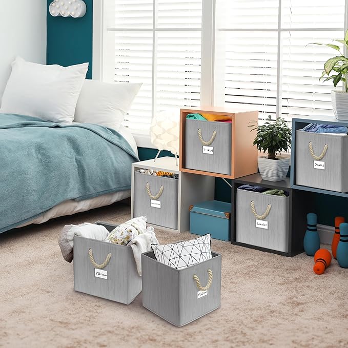 SIMPLE HOUSEWARE 11-Inch Cube Storage Bin With Braided Handles, 4 Pack, Gray