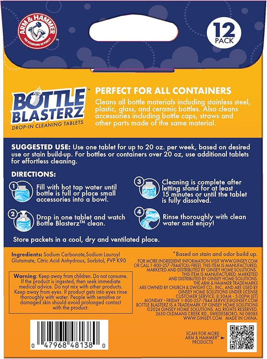 Arm & Hammer Bottle Blasterz - Drop-In Cleaning Tablets - Perfect for Water Bottles, Tumblers, and Coolers - All-Natural Ingredients, Eliminates Odors, Fast-Acting, Individually Packed (12 Count)