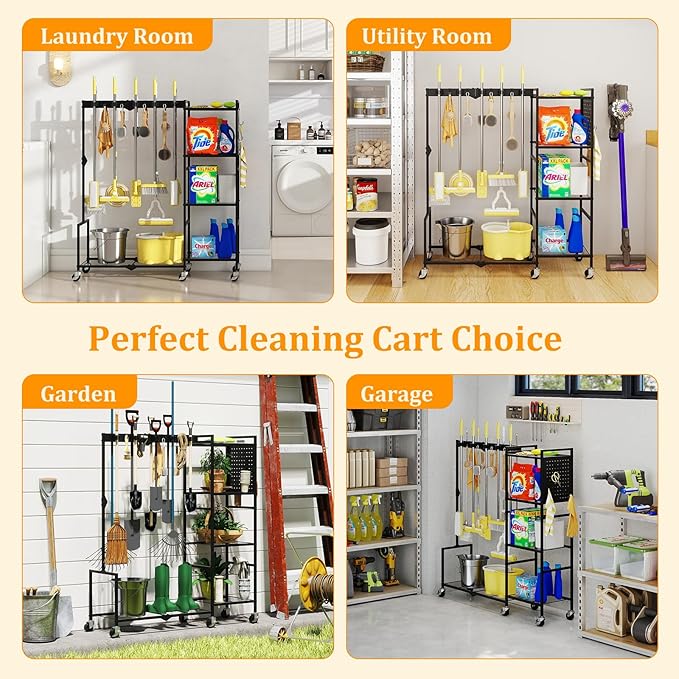 46" H Broom Holder with Cleaning Supplies Organizer, Mop Rack Storage with 4-Tier Shelves, 10 Gripper Clips, 4 Double-Hooks, 3 Hooks, Metal Utility Carts on Wheels for Home Essentials, Black