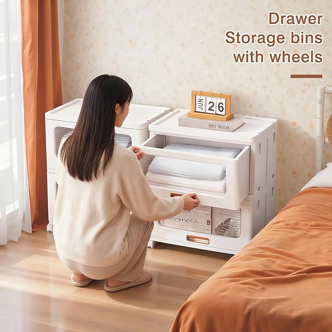 VECELO Stackable Storage Drawers Cabinet with Wheels, Storage Bins Pull Out, Waterproof Drawer Closet Organizer, Multi-Tier Stackable Design for Bedroom/Livingroom/Bathroom, Large, 2-Tier