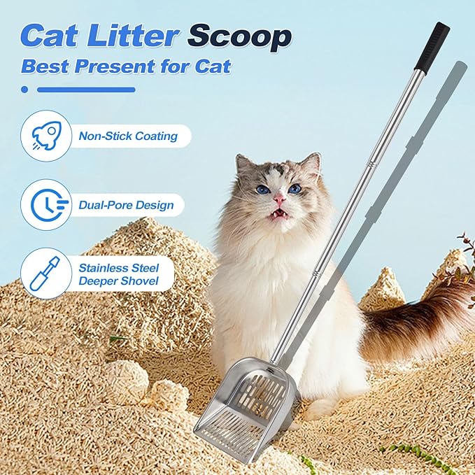 Cat Litter Scoop Metal Mesh, Kitty Scooper for Litter Box Cleaning Speed Sifting, Chicken Poop Scooper for Sand, Litter Sifter Shovel, Dog Coop Pooper Scooper -Stainless Steel Long Handle