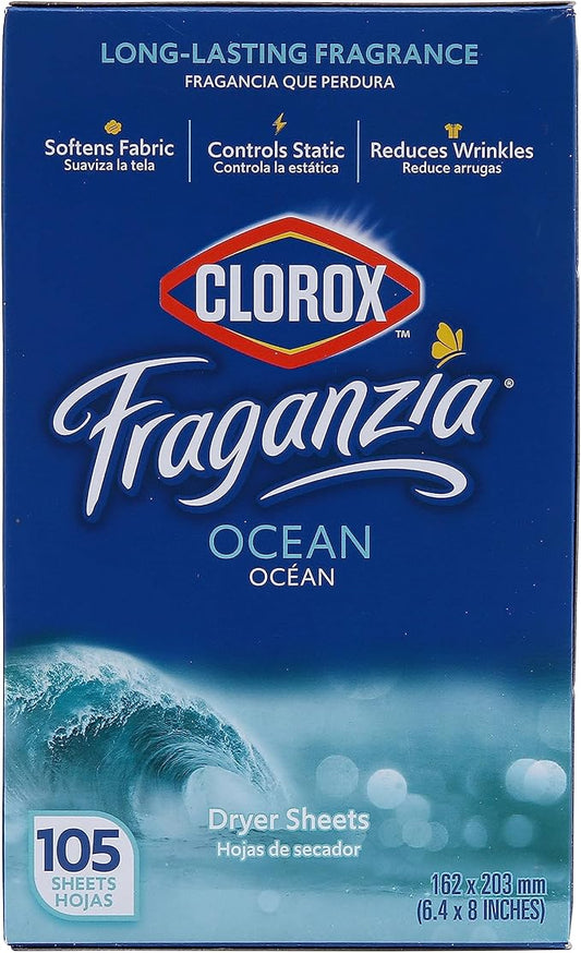 Clorox Fraganzia Dryer Sheets in Ocean Scent, 105 Count | Wrinkle-Reducing Fabric Softener Sheets | Best Laundry Dryer Sheets with Long-Lasting Ocean Scent