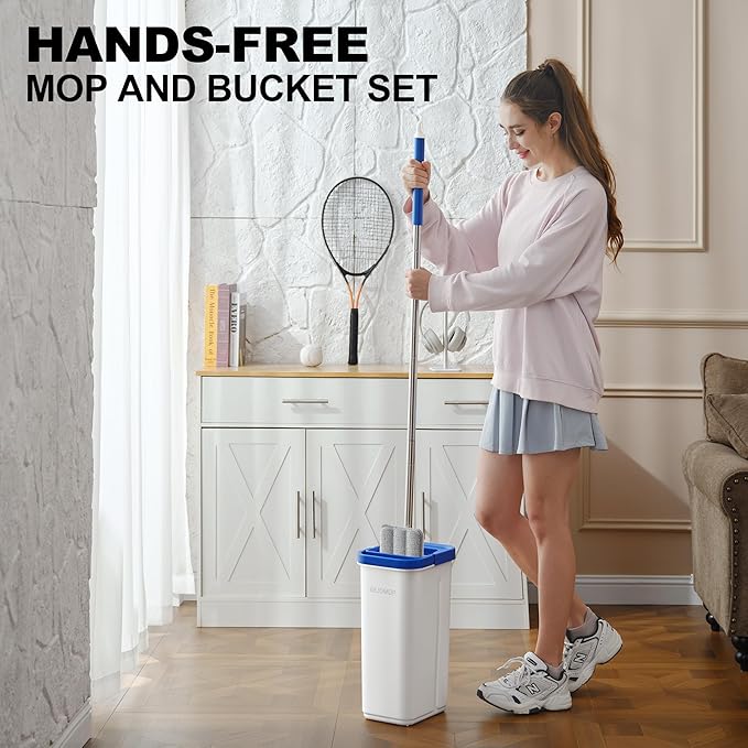 Mop and Bucket Set with Wringer, Squeeze Wall Mop Cleaner with Long Handle, Flat Mop and Bucket System, Dry & Wet Dust Mops for Household Floor Cleaning with 3 Microfiber Mops, Slate Blue