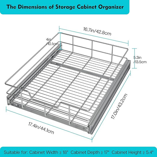Pull Out Cabinet Organizer 17" W X 17" D, Slide Out Drawers For Kitchen Organizers and Storage, Pull Out Drawers For Cabinets Capacity Heavy Duty Caddy, Cabinet Shelves Chrome-Plated, Bathroom Pantry