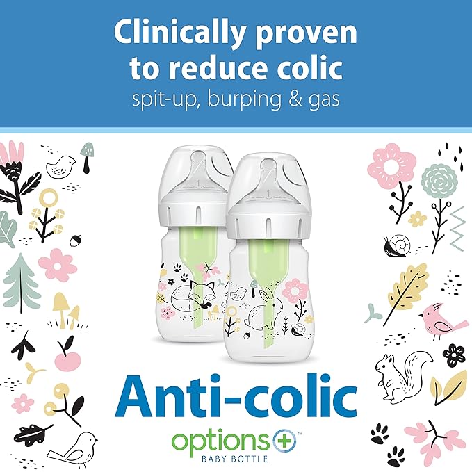 Dr. Brown's Anti-Colic Options+ Wide-Neck Baby Bottle Designer Edition Bottles, Woodland Decos, 5 oz/150 mL, Level 1 Nipple, 0m+, 2-Pack