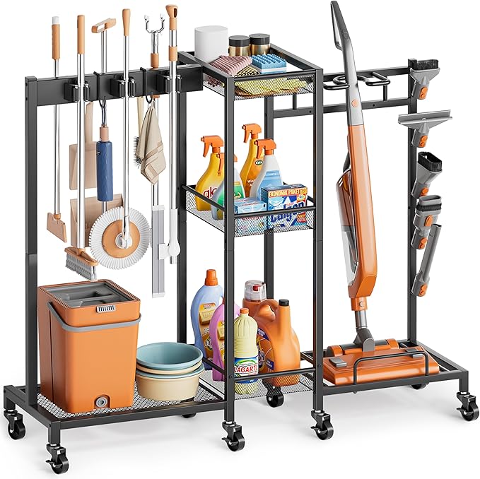 Broom Holder with Cleaning Supplies Organizer, Broom Closet Storage Cabinet with Cleaning Caddy Vacuum Stand, Cleaning Cart with Mop Hanger Gripper Rack Hook, Laundry Room Organization Home Essentials