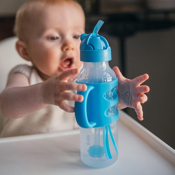 Dr. Brown's Milestones Narrow Sippy Straw Bottle, Spill-Proof with 100% Silicone Handles and Weighted Straw, 8 oz/250 mL, Blue/Gray, 6m+