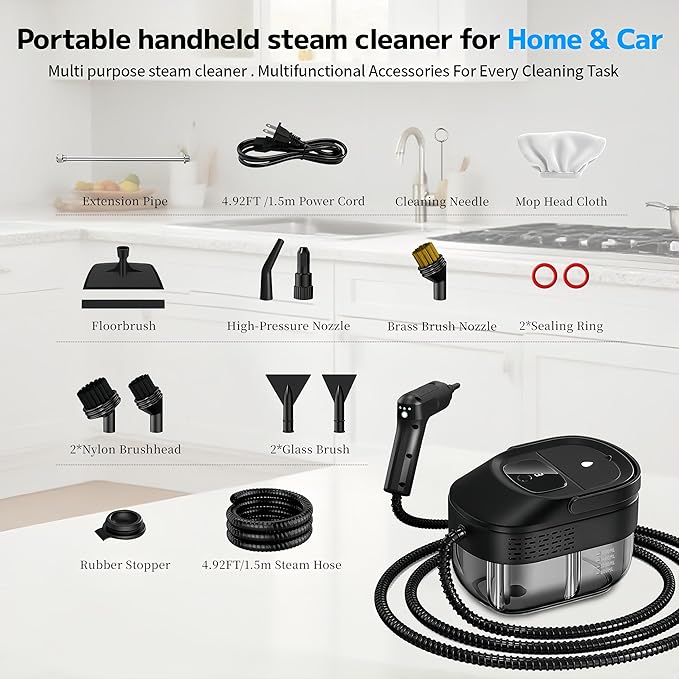 Pressurized Handheld Steam Cleaner 2500W, 54oz Large-Capacity Steamer with 3-Level Adjustable Steam, 15s Heat-Up & 15Pcs Accessories – for Car, Tile, Grout, Couch, Floor, Bed, Dirt, Furniture
