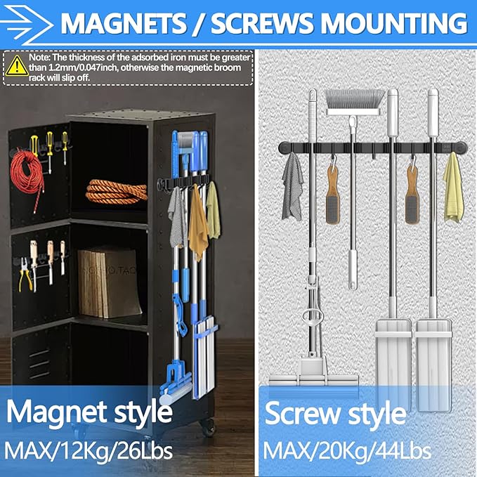 3-H Magnetic Broom Holder Wall Mount 2 Pack, 2-in-1 Dual Mount (No Drill or Screw Fix), 304 Stainless Steel Heavy Duty Magnet Mop Broom Organizer for Kitchen Garden Garage(4 Racks & 5 Hooks,Black)