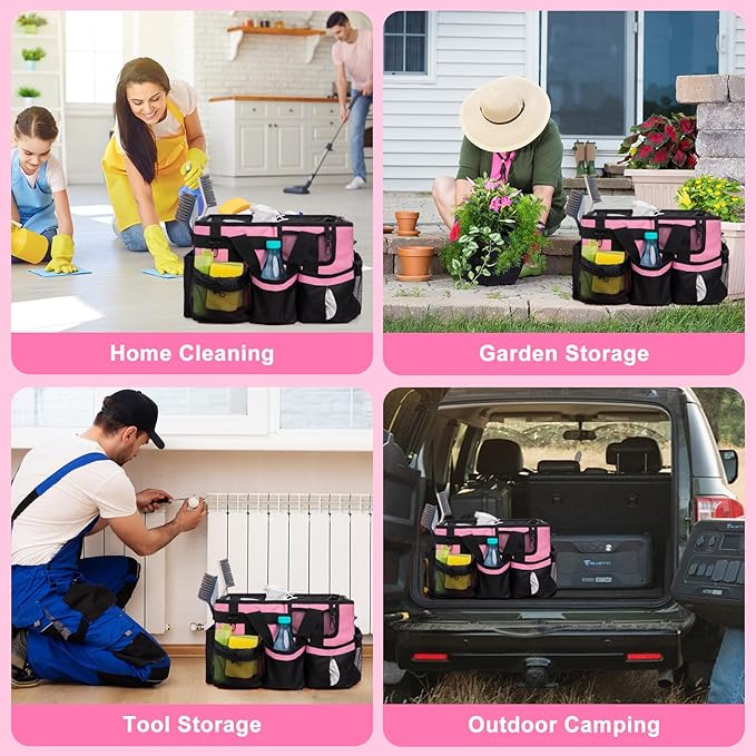 Large Cleaning Caddy Tote Bag with 4 Foldable Dividers Sturdy Support Board, Waterproof Cleaning Tools Organizer with Adjustable Shoulder Strap Waist Belt for Housekeepers, Cleaners Professional Use