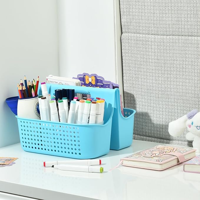 ALINK Portable Plastic Shower Caddy Basket, Large Cleaning Supply Caddy Organizer Storage Tote with Handle for Bathroom, College, Cabinet, Dorm Room Essentials - Blue