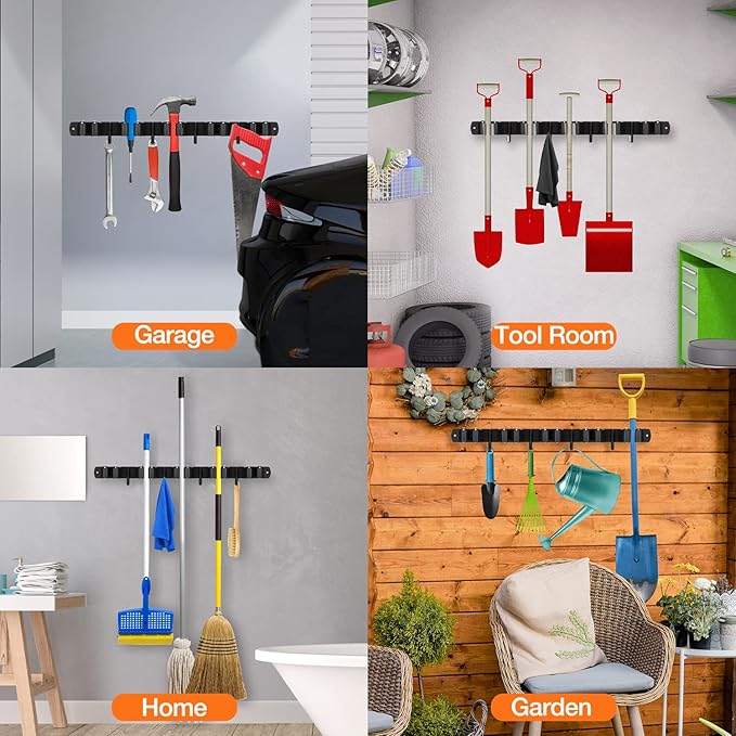Broom Holder Wall Mount, Broom Organizer Wall Mount Stainless Steel Mop and Broom Holder Wall Mounted Heavy Duty Broom Hanger Storage Rack 5 Rack 4 Hooks Black