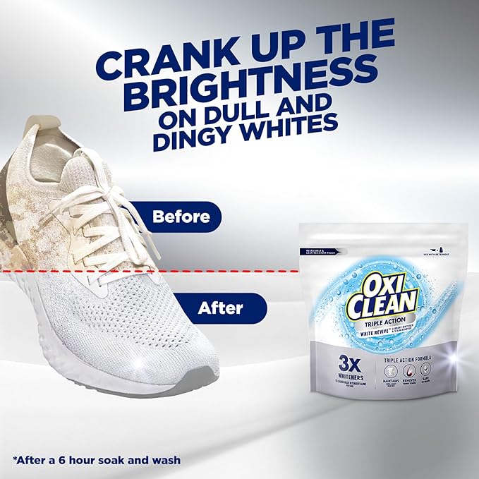 OxiClean Triple Action White Revive Laundry Whitener and Stain Remover Powder, Use with Detergent, Whitens and Brightens Clothes, Removes Tough Stains, Color Safe, Chlorine Free, 6.5 lbs