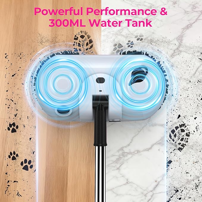 ScrubWiz Cordless Electric Spin Mop with Water Sprayer, Self-Propelled Floor Cleaner for Hardwood & Tile, Quiet Cleaning, Adjustable Handle, 2500mAh Long-Lasting Battery, 300ml Tank, Snow White