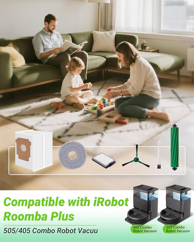 18 Pcs Replacement Parts for iRobot Roomba Plus 505/405 Combo Robot Vacuum Cleaner, Accessories with 1 Roller Brush, 6 Mop Pads, 3 Filters, 3 Side Brush,4 Vacuum Bags,1 Clean Tool