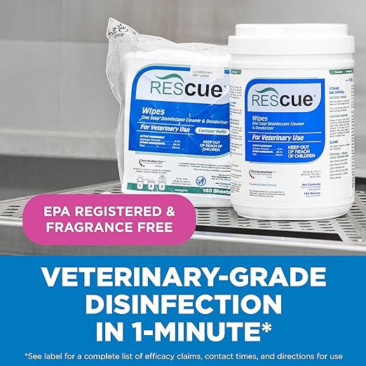 REScue One-Step Disinfectant Cleaner & Deodorizer Wipes for Vet Use – Cleaner for Kennels, Litter Boxes, Vet Offices, Pet Grooming Surfaces, Pet Items – Wipes Canister, 160-Count (Pack of 1)
