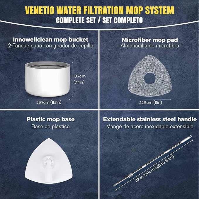 VENETIO Innowellclean Water Filtration Triangle Spin Mop and Bucket Set for Floor Cleaning - Self Wringing/Dry/Wet All-in-One Microfiber Mop System for Home Hardwood, Laminate, Tile (2 Pads)