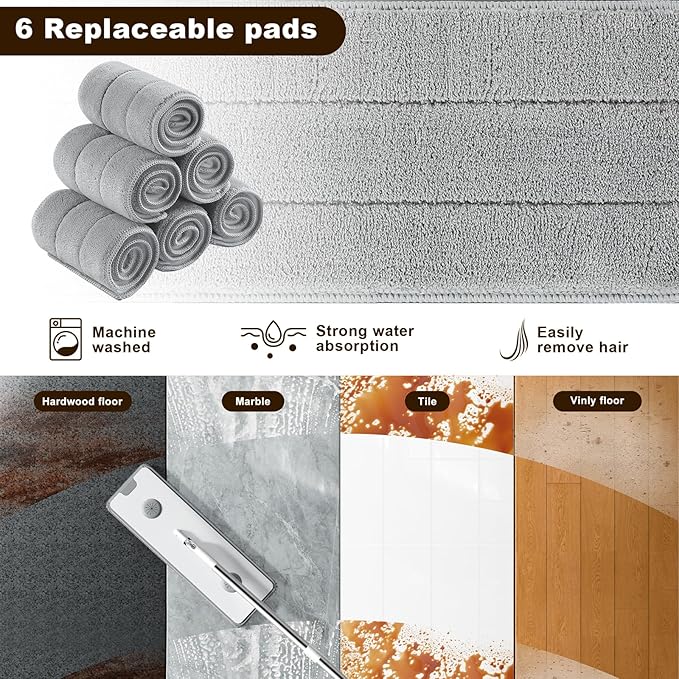 Flat Mop and Bucket System - Mop and Bucket with Wringer Set for Home | Wet Dry Mop for Apartment, Tiny Home, Windows, Wall, Hardwood Floor, RV with 6 Reusable Microfiber Cloth