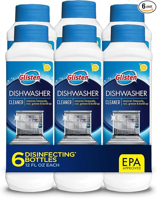 Glisten Dishwasher Cleaner, Removes Limescale, Rust, Buildup, and Grease, Lemon Scent, 12 Ounce Bottle, 6-Pack