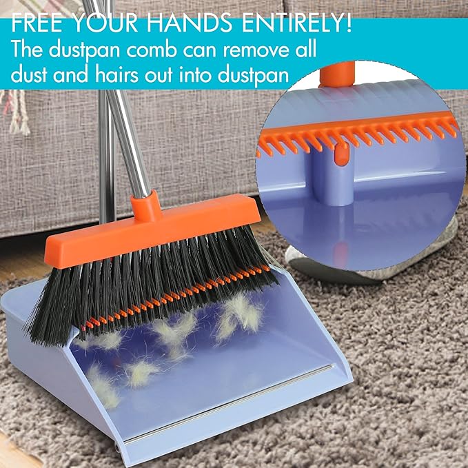 PHYEX 2-Pack Broom and Dustpan Set for Sweeping Indoor, Broom Dustpan with 48" Long Handle, Broom with Dustpan Combo Set(Purple)