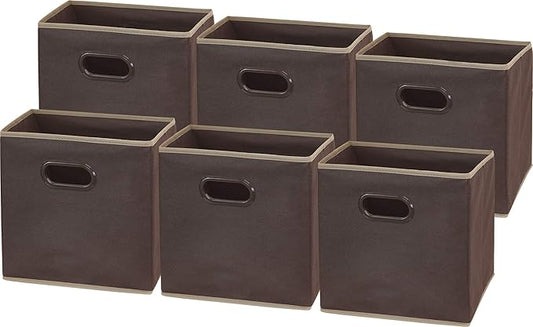 Simple Houseware Foldable Cube Storage Bins with Handles, 11-Inch, Brown, 6-Pack, Fabric Cubes Organizer for Closet or Shelves