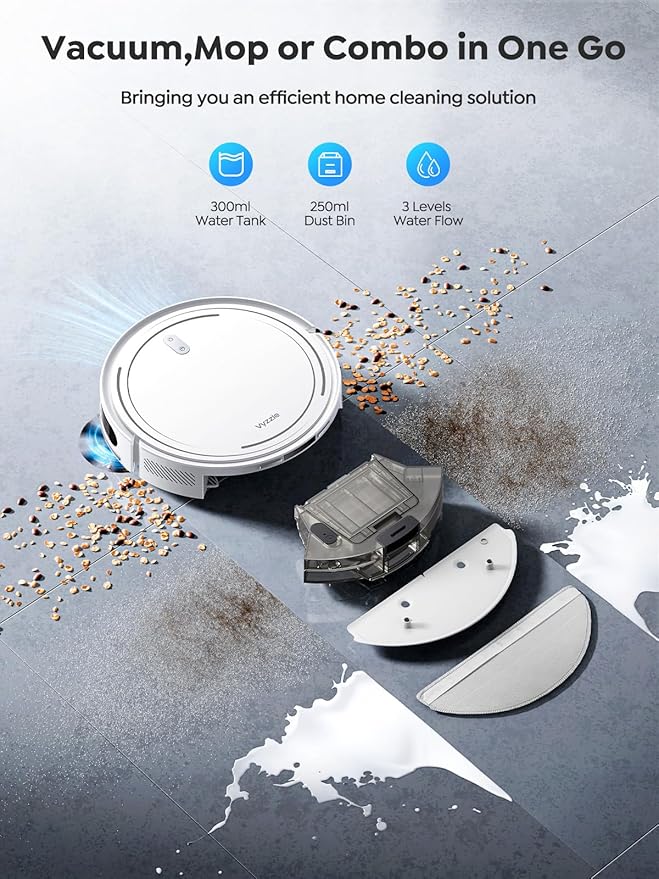 Robot Vacuum and Mop Combo, Smart Navigation Robotic Vacuum Cleaner with 5000Pa Suction, Ultra Slim Vacuum Robot, 150Mins Max, App/Alexa Control for Pet Hair, Hard Floor, Carpet, Customized Cleaning