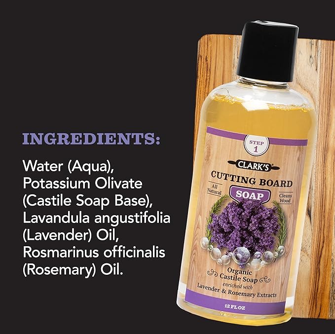 CLARK'S Cutting Board Organic Soap - Enriched with Lavender & Rosemary Oils - Cleaner for Butcher Block, Countertop and Utensils - Cleans and Restores Wood - Use Before Food Grade Mineral Oil