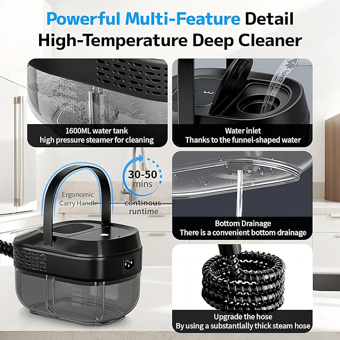 Pressurized Handheld Steam Cleaner 2500W, 54oz Large-Capacity Steamer with 3-Level Adjustable Steam, 15s Heat-Up & 15Pcs Accessories – for Car, Tile, Grout, Couch, Floor, Bed, Dirt, Furniture