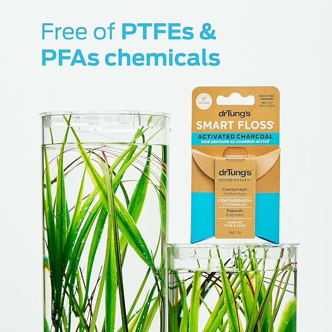 DrTung's Vegan Activated Charcoal Floss - Natural Dental Floss, PTFE & PFAS Free, Gentle on Gums, Expands & Stretches, BPA Free - Lemongrass Flavor (Pack of 2)