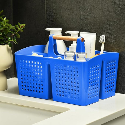 Portable Shower Caddy Basket with Compartments, Plastic Divided Cleaning Caddy Organizer Storage Tote with Handle for Bathroom, College, Dorm Room Essentials, Deep Blue