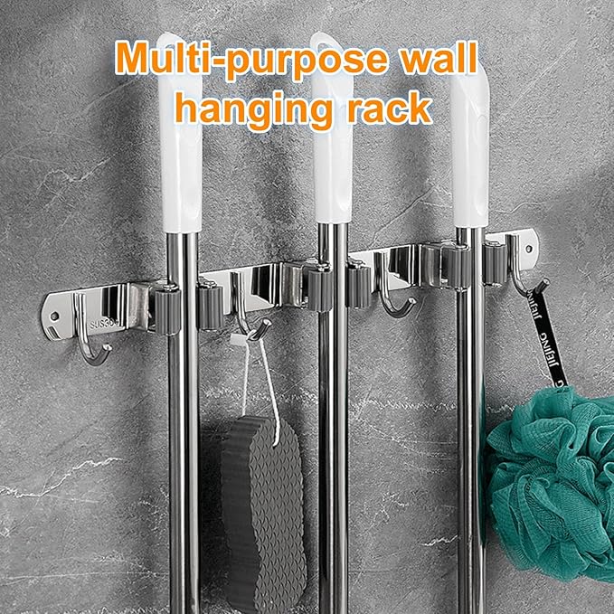 1Pcs Broom Mop Holder Wall Mount – Stainless Steel Heavy Duty Organizer with 2 Racks & 3 Hooks for Garage, Kitchen, Laundry Room, Garden & Home