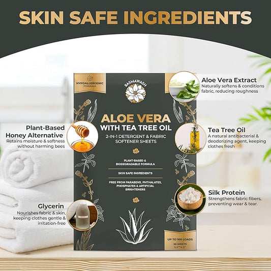Natural Laundry Detergent & Fabric Softener Sheets | Up to 100 Loads Eco-Friendly|Fragrance-Free & Hypoallergenic | Aloe Vera & Pure Tea Tree Oil | Plant-Based, Biodegradable, Enzyme Powered,Baby-Safe