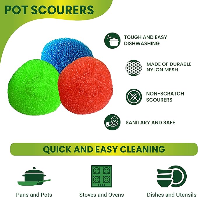 SCRUBIT 18 Round Nylon Dish Scrubber Scouring Pads - Assorted Colors Scourer Pads - Tough and Durable - Non-Scratch for Non-Stick Cookware
