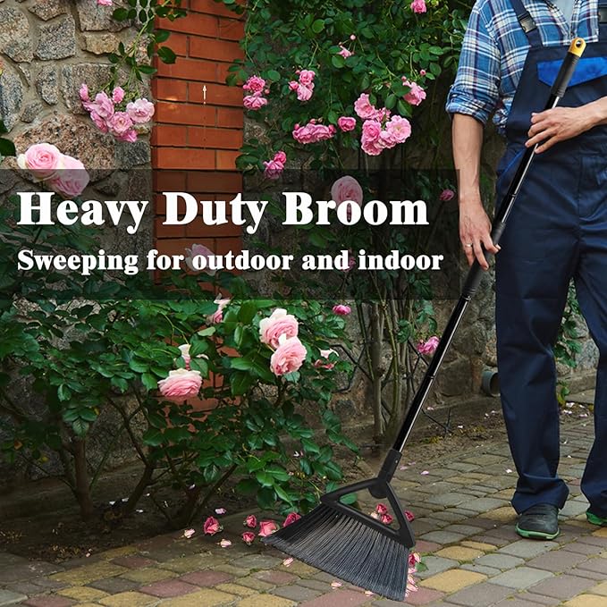 Heavy Duty Broom Outdoor and Indoor, 2 Pack Commercial Angle Brooms with Longer Handle, Perfect Black Broom for Garage, Kitchen, Courtyard, Restaurant