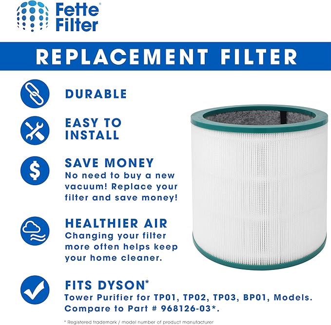 Fette Filter - 2 Pack of Air Purifier True Premium Grade Filters Compatible with Dyson Tower Purifier Pure Cool Link TP00, TP01, TP02, TP03, BP01, AM11 Models. Compare to Part # 968126-03