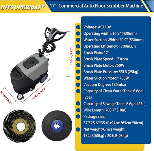 INTSUPERMAI Industrial Floor Scrubber Commercial Auto Floor Scrubber Machine 17" Brush - 173RPM Auto Scrubbing Machine with Dual 25L Water Tanks | 18m Cord for Concrete/Tile/Carpet Cleaning 110V