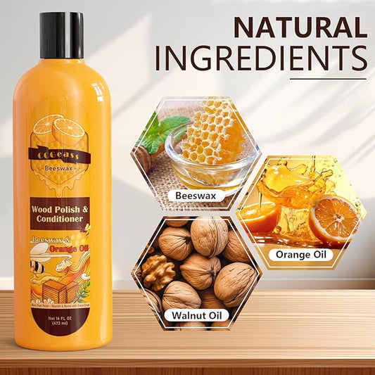 Beeswax Wood Polish & Conditioner, Natural Beeswax Orange Oil Conditioner Cleaner for Wood Furniture, Floors, Restores Shine & Waterproofs, 16 Fl Oz