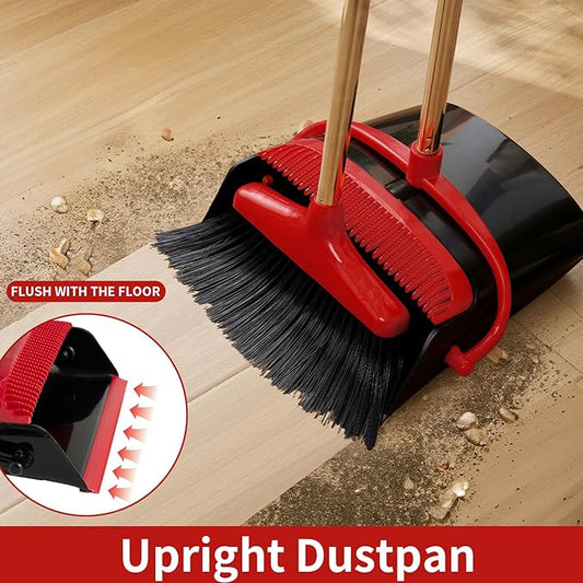 Broom and Dustpan Set Lightweight Upright Lobby Broom and Dust Pan Combo with Long Handle Outdoor Indoor for Home Kitchen Room Office (Red and Black)