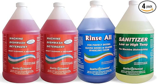 Quality Chemical Commercial Dishwashing Kit/4 Gallon Combo Pack - Dishwash (2 Pack), Rinse All (1 Pack), Chloro Guard Low Temp (1 Pack)/Food Grade Sanitizer for Restaurant Dishwasher Sanitizer