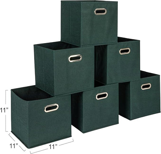 Household Essentials Foldable Fabric Storage Cubes 6-Pack – 11x11x11 Stackable Non-Woven Bins with Chipboard Sides & Grommet Handles – Closet, Shelf, Nursery, or Office Organizer – Dark Green