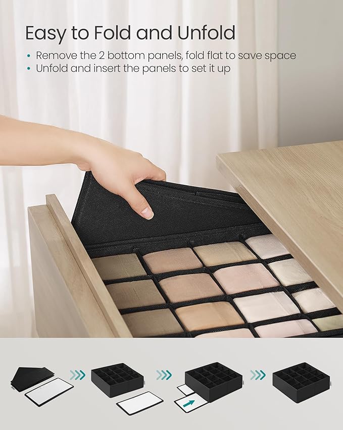 SONGMICS 4 Pack Drawer Organizers, 80 Cells (2x16+2x24), Foldable Dividers, 11.8 x 11.8 x 3.9 Inches, for Socks, Underwear, Ties, Belts, Ink Black URUS011B01